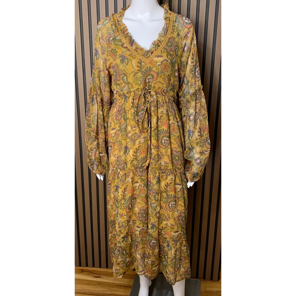 World Market Mustard Floral Paisley Tiered Midi Dress L/XL Boho Long Sleeve